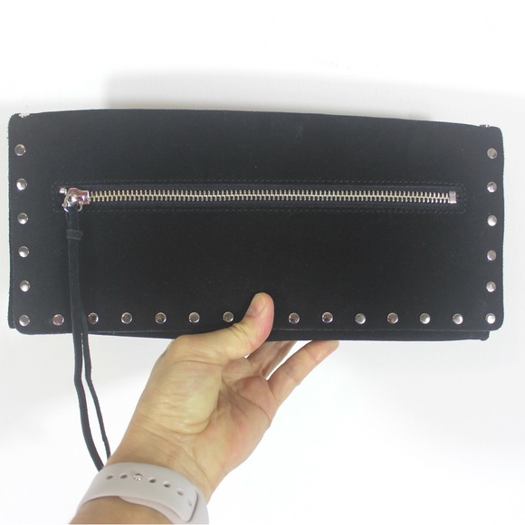 Vintage Studded Black Suede Leather Clutch Purse with Silver Studs Small Evening - Picture 4 of 7